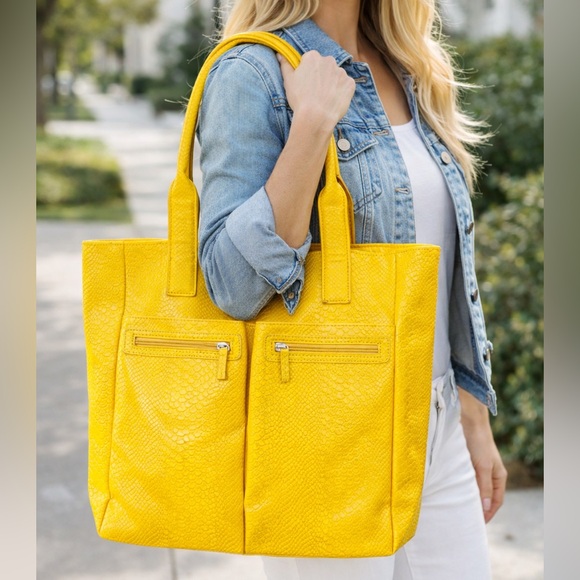 Neiman Marcus Handbags - Neiman Marcus faux snakeskin tote bag yellow 14”